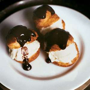 French Pastry Puffs with Chocolate Sauce and Vanilla Ice Cream