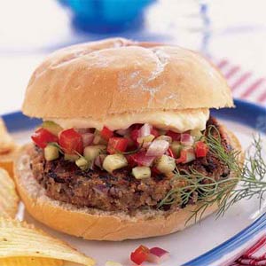 Black Bean Burgers with Spicy Cucumber and Red Pepper Relish